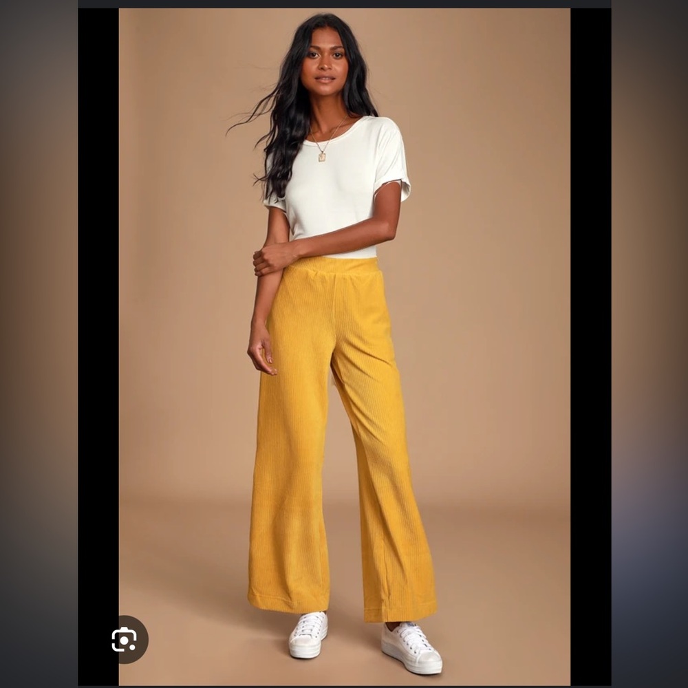 Luna Mustard Yellow Ribbed Velvet Wide Leg Pants size xs
